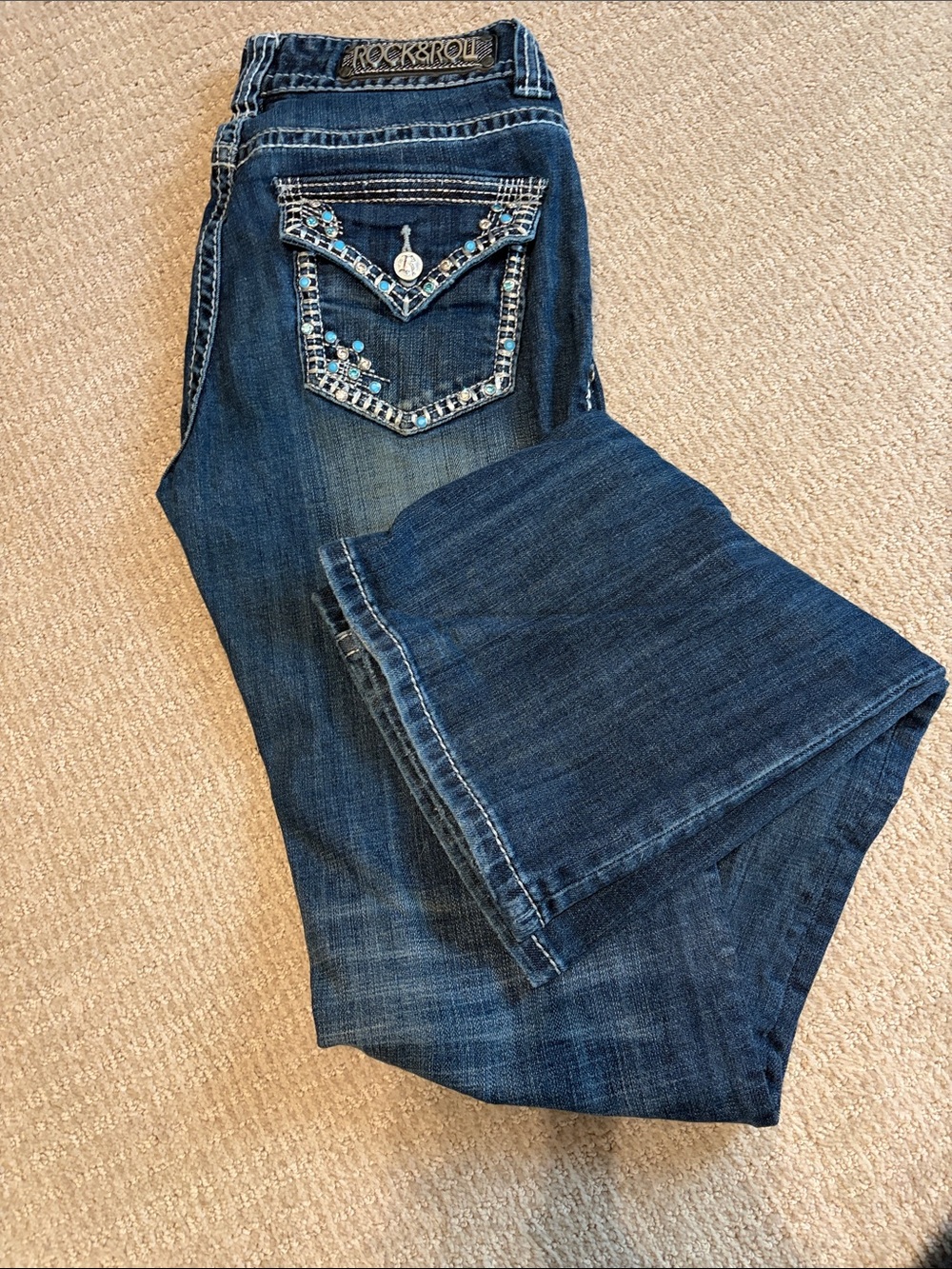 Rock&Roll Denim Womens Dark Blue Embellished Pocket Jeans